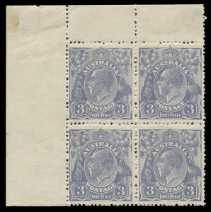 COMMONWEALTH OF AUSTRALIA: KGV Heads - Single Watermark: 3d Blue, Die 1a, upper left corner blk.(4) showing minor varieties to units 1, 2 & 7; natural paper inclusion to unit 8. Stamps all MUH; mounted in margins only. BW:105C. Cat.$500+