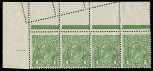 COMMONWEALTH OF AUSTRALIA: KGV Heads - Small Multiple Watermark Perf 14: 1d Green, upper left corner strip of (4) from Plate 3, showing the variety "Cut in left frame opposite kangaroo's neck" [BW:80(3)d] in combination with extensive jazzed perforations 