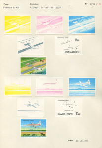 SAMOA: PROOFS: 1973 Aircraft & Airport issue: Courvoisier's original colour separations and the completed designs; all imperforate and affixed to the official archival album pages [#1330 & 1331] dated 12/12/1972. UNIQUE. (24 items).