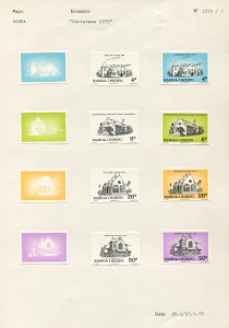 SAMOA: PROOFS: 1979 Christmas (Churches) series: Courvoisier's original colour separations and the completed designs; all imperforate and affixed to the official archival album page [#1773] dated 27/4/1979. UNIQUE. (12 items).