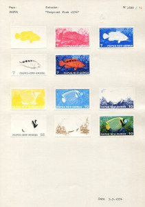 PAPUA NEW GUINEA: PROOFS: 1976 (SG.314-17) Tropical Fish (Fauna Conservation): Complete set of Courvoisier's original colour separations and the completed designs; all imperforate and affixed to the official archival album pages [#1699/41 & 1601/42] in th