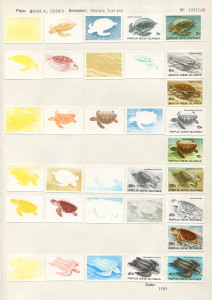 PAPUA NEW GUINEA: PROOFS: 1984 (SG.472-77) Marine Turtles series: complete set of Courvoisier's original colour separations and the completed designs; all imperforate and affixed to the official archival album page [#1917/17]. SUPERB & UNIQUE. (33 items).