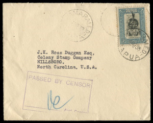 PAPUA - Postal History: Nov.1939 usage of 3d Papuan Dandy on Censored cover from SAMARAI to U.S.A.; with boxed and mss signed censor cachet at left.