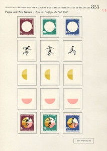 PAPUA NEW GUINEA: PROOFS: 1966 (SG.97-99) 5c, 10c & 20c South Pacific Games (Football, Tennis, Discus): Courvoisier's original colour separations and the completed designs; all imperforate and affixed to the official archival album page [#855]. UNIQUE. (1