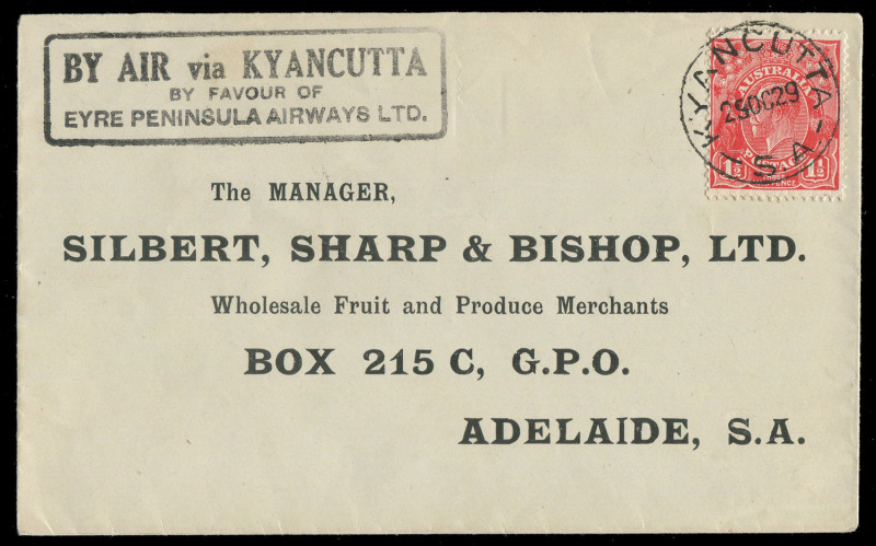 COMMONWEALTH OF AUSTRALIA: Aerophilately & Flight Covers: 29 Oct.1929 (AAMC.145) Streaky Bay - Adelaide cover, flown for Eyre Peninsula Airways Ltd. on their first service via Kyancutta with special boxed cachet. Cat.$550. With special vignette (black on