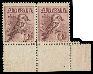 COMMONWEALTH OF AUSTRALIA: KGV Engraved Issues: 1914 (SG.19) 6d Engraved Kookaburra, horizonal pair (2) with lower margin, DOUBLE PERFORATIONS AT BASE. MUH with official post office repair strips. Cat.$1200.