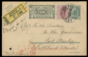 Falkland Islands: Postal History: INWARDS MAIL FROM BOHEMIA1906 (Nov.18) usage of 5H postal card uprated 30H for registered mailing from Duetschbrod - Nemecky Brod to "The Secretary to the Governor, Port Stanley..." with London Registration cds (21 NO 06)