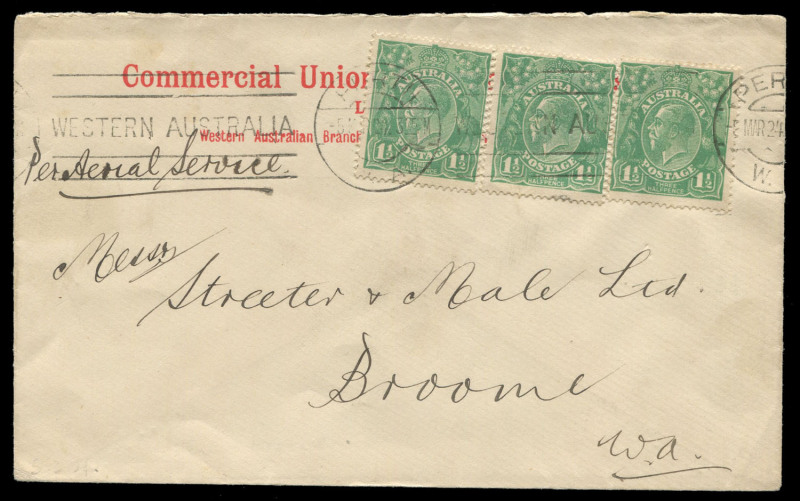 COMMONWEALTH OF AUSTRALIA: Aerophilately & Flight Covers: 5 March 1924 commercial cover flown Perth to Broome by Western Australian Airways; franked 4½d (3 x 1½d Green KGV).