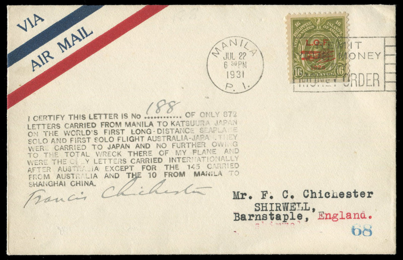 COMMONWEALTH OF AUSTRALIA: Aerophilately & Flight Covers: July 1931 (AAMC.212) Manila - Katsuura, Japan cover, flown and signed by Francis Chichester on this catastrophic last leg of his attempt to fly solo around the world. Cat.$325.