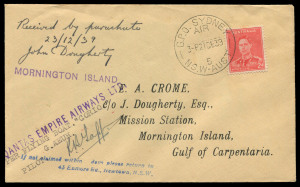COMMONWEALTH OF AUSTRALIA: Aerophilately & Flight Covers: 21 Dec.1939 (AAMC.887) Sydney - Mornington Island cover, flown for QANTAS and signed by the pilot, R.B.Tapp; the mail, comprising of 70 letters was delivered to the island by parachute. On receipt,