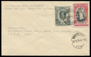 COMMONWEALTH OF AUSTRALIA: Aerophilately & Flight Covers: 23 Oct.1939 (AAMC.879d) Tonga - Auckland, New Zealand cover, flown aboard the "Aotearoa" Flying Boat on the delivery flight from England, via Australia and other Pacific ports. Cat.$150 (but rarely