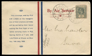 FIJI - Postal History: EARLY FLIGHT COVERS: 14 July 1930 Lautoka - Suva (2, one signed by the pilot); 14 July 1930 Lautoka - Nausori; 17 March Suva - Lautoka; 21 March 1933 Levuka - Suva & 13 April 1933 Suva - Buca Bay. All are Fiji Airways or Fiji Air Li