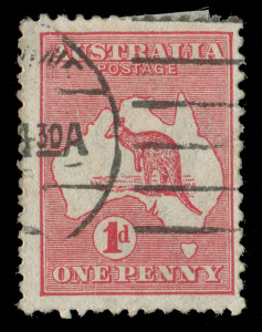 COMMONWEALTH OF AUSTRALIA: Kangaroos - First Watermark: 1d Red (Die 2A) with "Cracked Electro - State 1" variety. Used. Cat.$750. 