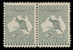 COMMONWEALTH OF AUSTRALIA: Kangaroos - Second Watermark: 2d Grey, horizontal pair with DOUBLE PERFORATIONS [BW:6b] at base in combination with the variety "Retouched left frame and shading North West of map" [BW:6(1)k]. Fresh MLH. UNIQUE.