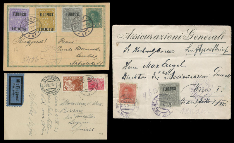 AUSTRIA - Aerophilately & Flight Covers: 1918-33 flown covers and cards, comprising May 1918 Lvov (Lemberg) to Vienna, May 1918 Vienna to Lemberg (Lvov), March 1926 Vienna to Leysin (Switzerland), March 1927 Vienna - Prague - Berlin & Sept.1933 Vienna - L
