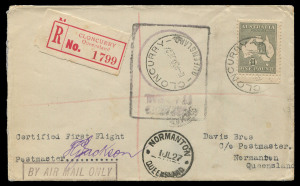 COMMONWEALTH OF AUSTRALIA: Kangaroos - Third Watermark: 1 July 1927 (AAMC.106) Cloncurry - Normanton registered cover, flown by QANTAS on their inaugural flight over this extension to their route, with the exceptional franking of a £1 Grey 3rd wmk Kangaro