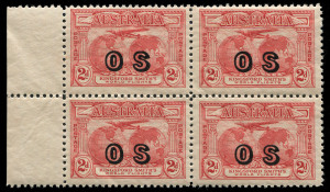 COMMONWEALTH OF AUSTRALIA: Other Pre-Decimals: 1931 2d Kingsford Smith overprinted OS (SG.O123) marginal block of (4) from the left of a sheet, MUH. BW:141(OS) - Cat.$1300.