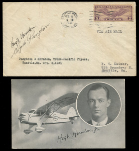 UNITED STATES OF AMERICA - Aerophilately & Flight Covers: 1931 (Oct.8) aviators Hugh HERNDON & Clyde PANGBORN autographs on locally addressed cover from Seattle bearing 5c Air adhesive; accompanied by a Cities Service Oils postcard featuring their Trans-P
