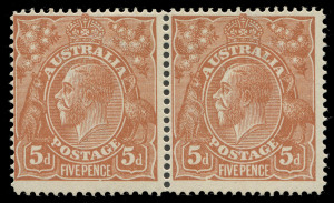 COMMONWEALTH OF AUSTRALIA: KGV Heads - Single Watermark: 5d Chestnut, Single Line perf.14, horizontal pair (2), the first unit with variety "Break in bottom frame under NC of PENCE" [BW:122f], the second with "Break in bottom frame below LVT. MVLH.