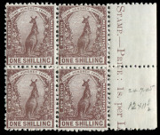 NEW SOUTH WALES: 1902-03 (SG.325) 1/- purple-brown Kangaroo, marginal block of (4) with part inscription at right; 3 MUH, 1 MVLH. Cat.£300+