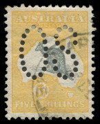 COMMONWEALTH OF AUSTRALIA: Kangaroos - First Watermark: 5/- Grey & Yellow, perforated Large OS; exceptionally well centred and FU; one pulled perf at upper right. [BW:42ba] Cat.$1000.