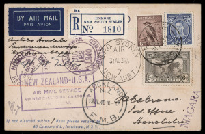 COMMONWEALTH OF AUSTRALIA: Aerophilately & Flight Covers: A TWICE FLOWN POSTCARD - December 1933 and July 1940July 1940 (AAMC.905c) registered special postcard (previously flown as AAMC.348) signed by Ulm, Allen & Boulton on their Dec.1933 Trans-Tasman fl