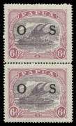 PAPUA: OFFICIALS: 1931-32 (SG.O62, O62a) 6d Lakatoi OS Overprinted vertical pair, the lower unit (MUH) with "POSTACE" variety. The upper unit Mint. (2).