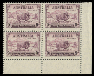 COMMONWEALTH OF AUSTRALIA: Other Pre-Decimals: 1934 9d Macarthur, lower right corner block of (4) MUH.