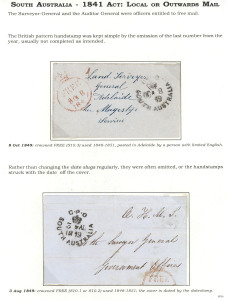 SOUTH AUSTRALIA - Postal History: 1849 (Aug.3 & Oct.8) outer wrappers bearing FREE handstamps in red (Karman type S10.3 & 10.1) alongside G.P.O. SOUTH AUSTRALIA cds's in black; one addressed to the Land Surveyor General; the other to The Surveyor General.