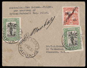 PAPUA - Aerophilately & Flight Covers:1 Oct.1934 (AAMC.P73) Sydney - Port Moresby flown cover, signed by the pilot, Sidney Marshall in his Westland Widgeon III. [Only 5 covers flown]. Cat.$600.
