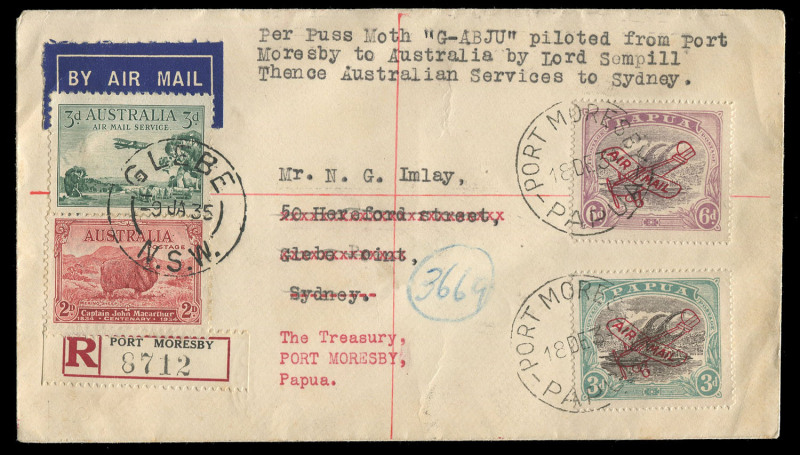 PAPUA - Aerophilately & Flight Covers:19 Dec.1934 (AAMC.P75) Port Moresby - Cairns registered cover, flown by Lord Sempill in his DH80 Puss Moth. [Of 112 covers carried, only 14 were registered]. Cat.$300+. Also returned to Papua by mail.