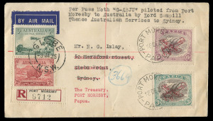 PAPUA - Aerophilately & Flight Covers:19 Dec.1934 (AAMC.P75) Port Moresby - Cairns registered cover, flown by Lord Sempill in his DH80 Puss Moth. [Of 112 covers carried, only 14 were registered]. Cat.$300+. Also returned to Papua by mail.