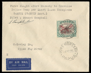 PAPUA - Aerophilately & Flight Covers:5-9 Nov.1935 (AAMC.P93) Port Moresby - Oroville Police Camp cover, flown and signed by Sturat Campbell in a Short Scoin Seaplane; also signed and dated on reverse by Cecil Cowley, the O.I.C. [89 flown]. Cat.$300.