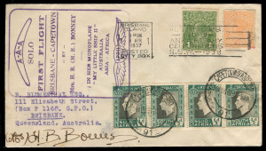 COMMONWEALTH OF AUSTRALIA: Aerophilately & Flight Covers: MRS LORES BONNEY MAKES THE FIRST SOLO FLIGHT FROM AUSTRALIA TO SOUTH AFRICA - APRIL - SEPTEMBER 1937Apr.-Sept.1937 (AAMC.716) Brisbane - Capetown flown cover, with special cachet and signed by the 