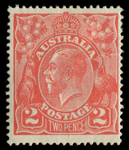 COMMONWEALTH OF AUSTRALIA: KGV Heads - Single Watermark: TWO PENCE SCARLET, with variety "Crack over emu's head" from Plate 12. A fresh Mint example of this rarely seen error. BW:96(12)e. 