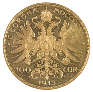 Coins - World: Austria - coins: Franz Joseph I gold 100 Corona 1913. Fully prooflike fields with light abrasions. 33.85gms. A very scarce, low mintage (2,696 pieces) issue. EF+.