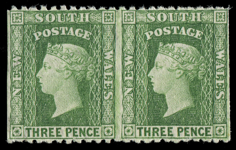 NEW SOUTH WALES: 1182-97 (SG.226da) 3d yellow-green, horizontal pair (2) Imperforate Vertically, fresh MUH. (2). Cat.£700++