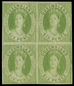 QUEENSLAND: 1868-78 (SG.92a) 6d apple green, Imperforate block of (4) fresh colour and with good, even margins all round. Unused. Cat.£1400.