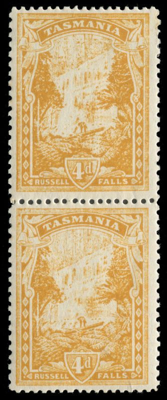 TASMANIA: 1905-12 (SG.247db) 4d orange-yellow, perforated 12½ x 11, upper unit Mint, lower unit MUH. Cat.£1000+.