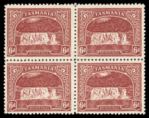 TASMANIA: 1905-11 (SG.254b) 6d carmine-lake, block of (4) perforated in a compound of 12½ x 11, MLH/MUH but with a natural paper bend affecting 3 units. Cat.£1800. This denomination is scarce in multiples, particularly so with compound perforations.