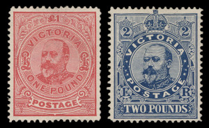 VICTORIA: 1901-10 (SG.399 & 400) Edward VII £1 carmine-rose & £2 deep blue, perforated 12½, fine Mint. (2) Attractively centred. Cat.£1100.