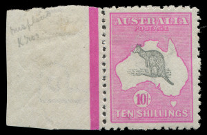 COMMONWEALTH OF AUSTRALIA: Kangaroos - Third Watermark: 10/- Grey & Aniline Pink, left marginal single showing slight misplacement of Roo to upper left such that the ears are completely outside the W.A. coast. Mint, very lightly hinged and well centred. A