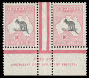 COMMONWEALTH OF AUSTRALIA: Kangaroos - Small Multiple Watermark: 10/- Grey & Pale Pink, John Ash Imprint pair, (2) MLH. BW:49za - $4000.