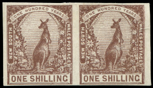 NEW SOUTH WALES: 1888-89 (SG.258ca) 1/- violet-brown (Kangaroo) Imperforate horizontal pair, with good to large margins all sides, MLH; tiny gum thin in margin of RH unit. Cat.£1400.