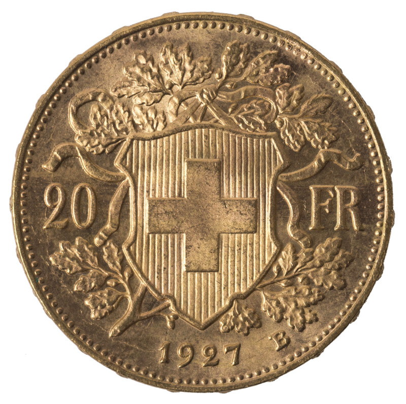 Coins - World: Switzerland - coins: 20 Franc gold Helvetia, 1927, EF.