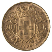 Coins - World: Switzerland - coins: 20 Franc gold Helvetia, 1935, Unc.