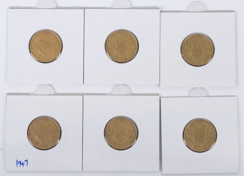 Coins - World: Switzerland - coins: 20 Franc gold Helvetia, 1947, EF/Unc. (6).