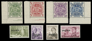 COMMONWEALTH OF AUSTRALIA: Other Pre-Decimals: 5/- - £2 Arms complete set of 4 corner singles, the £2 with "Roller flaw" MUH; plus 75c - $4 Navigators SPECIMEN set of 4 **. (8).