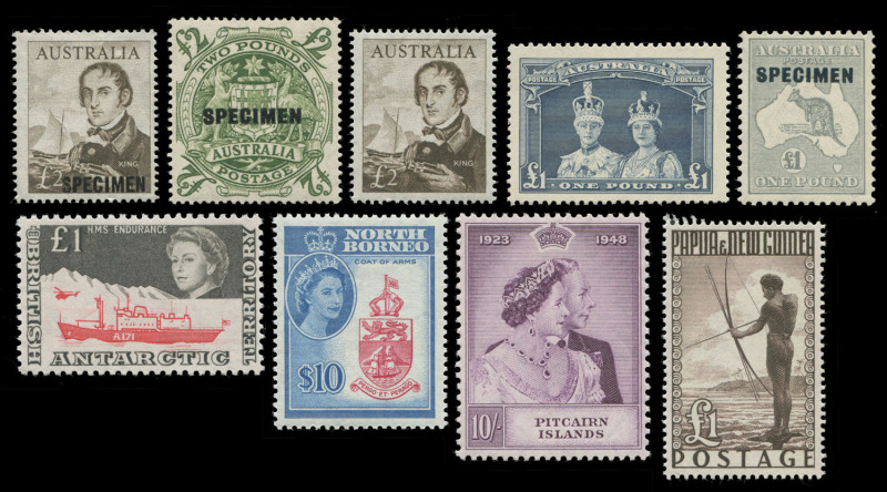 COMMONWEALTH OF AUSTRALIA: General & Miscellaneous: A good collection in a large green Lighthouse album with a few Kangaroos incl. 10/- & £1 Specimens, small range KGV heads, useful KGV period commems incl. blks. and pairs, Robes to £1, Arms Specimen set,