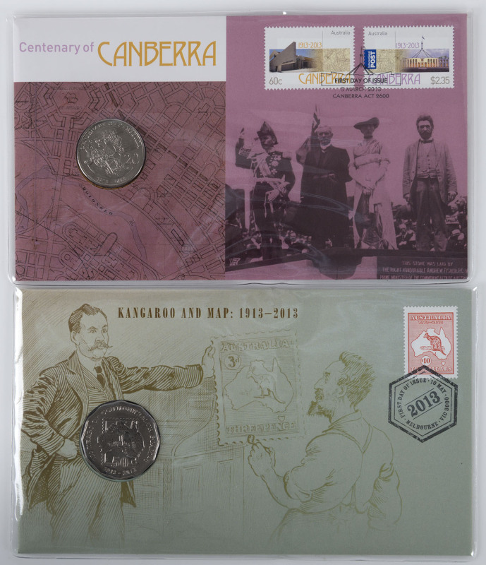 Coins - Australia: Decimals: 2013 20c Centenary of Canberra PNCs (5) plus 50c Kangaroo & Map PNCs (5). Issue Price: $15.95 each.